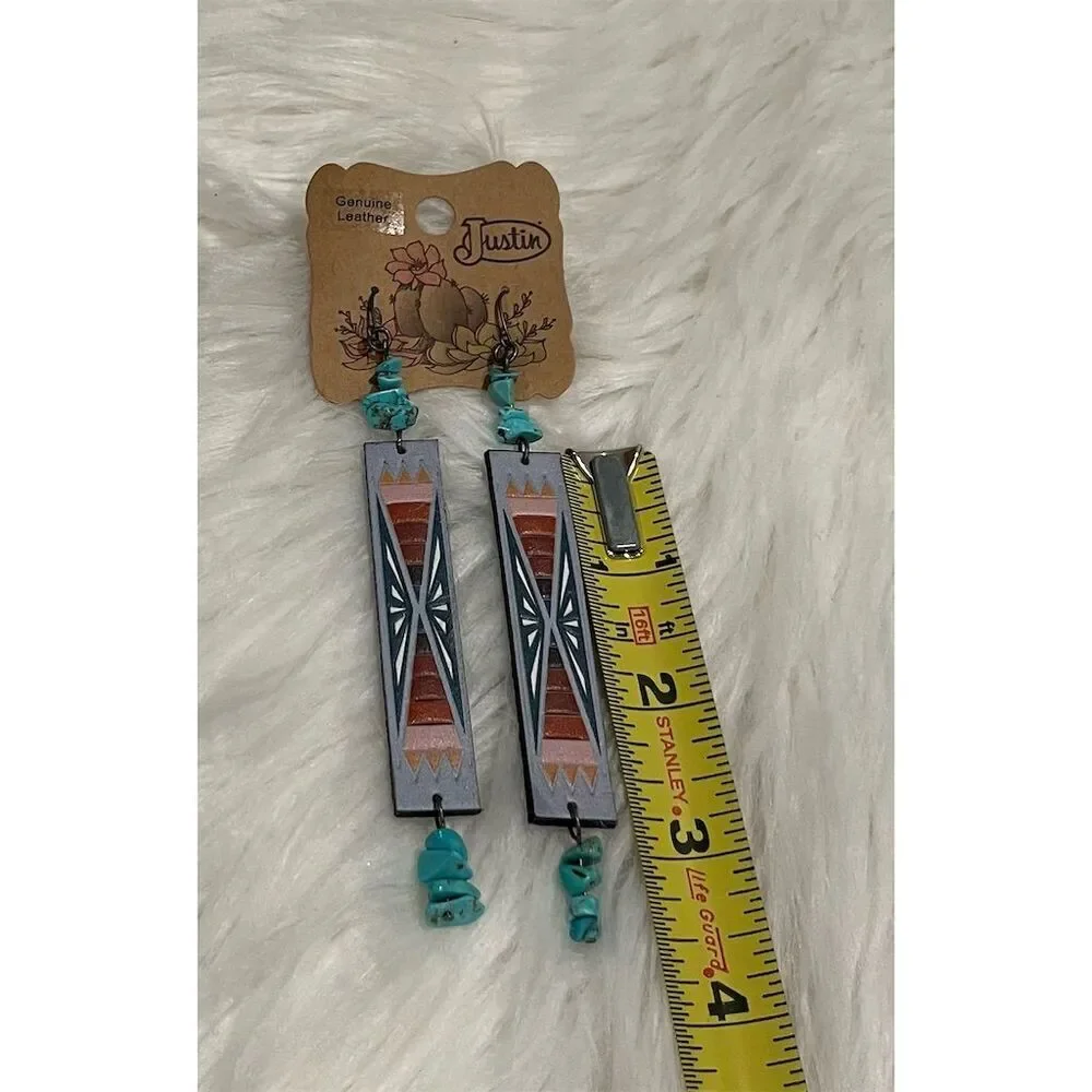 🆕 Justin Aztec Pattern Leather Earrings Multicolor Dangle Turquoise Bead - Picture 3 of 3